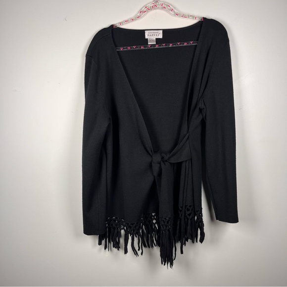 Vintage Adrianna Papell Black Wool Wrap Fringe LS Cardigan Sweater Size Large - Picture 1 of 6